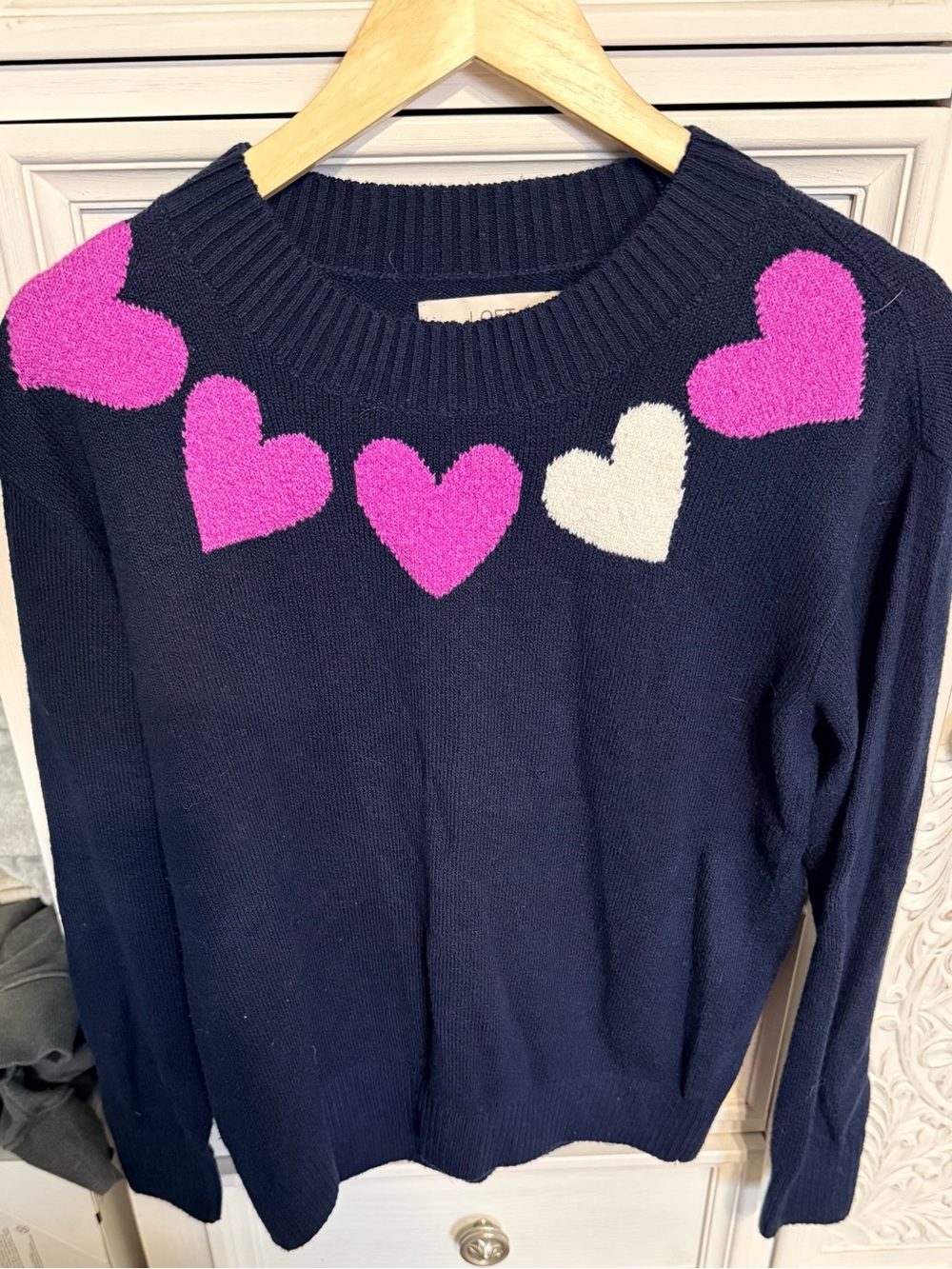 LOFT Navy Crewneck Sweater with Pink and White Heart Trim